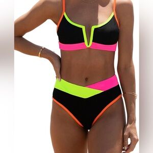 Women's Sexy High Waisted Tummy Control Bathing Suit Neon Color Swimsuit
